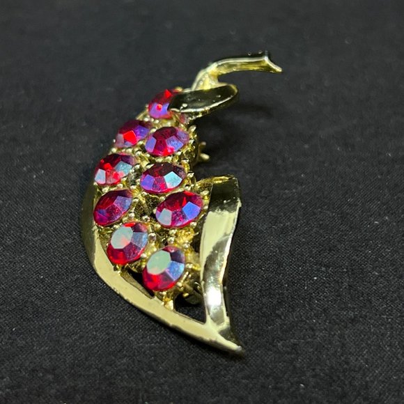 Vintage Gold Tone And Pink Aurora Borealis Rhinestone Leaf Brooch (4160) - Picture 4 of 6